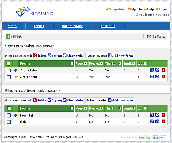 Using Form Maker Pro add, edit and manage web forms for each web site separately
