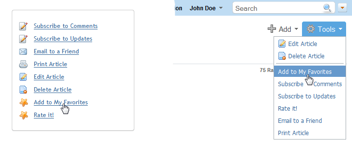 Favorite articles are marked with a little star icon in article lists and 