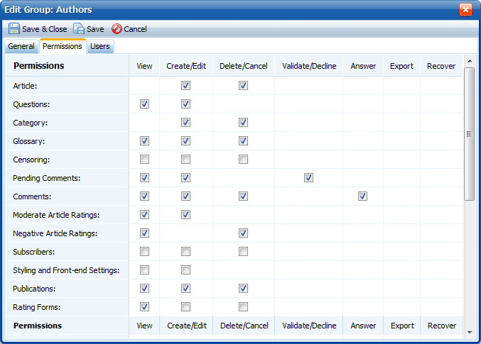 Permissions on actions